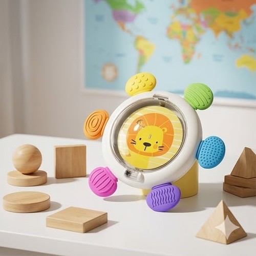 3-in-1 Baby Sensory Spin Toy & Teether – Montessori Lion Rattle for Toddlers
